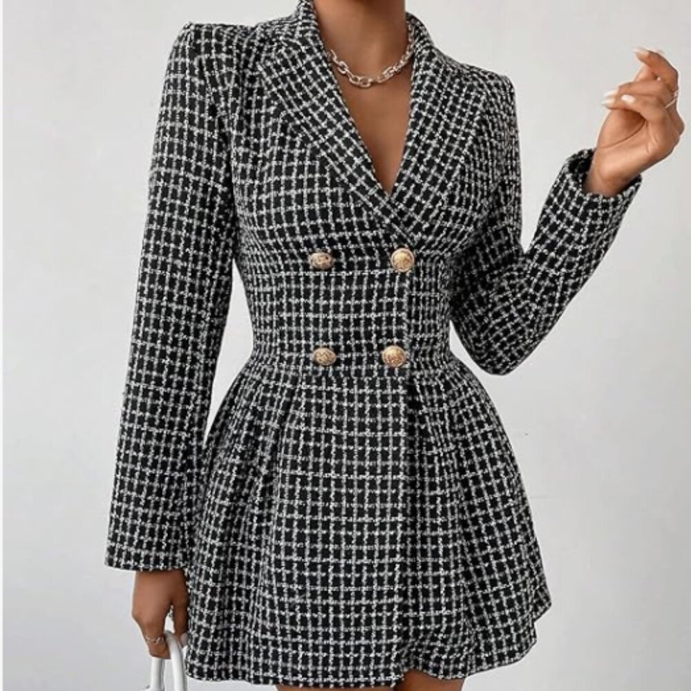 Women's Plaid Tweed Dress Notched Lapel DoubleBreasted Elegant Aline Mini Dress